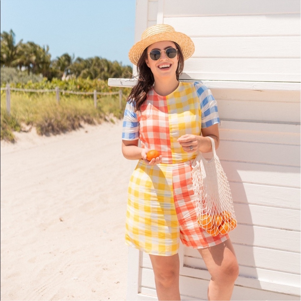 Farm Rio Gingham Contrast Colorblock Romper